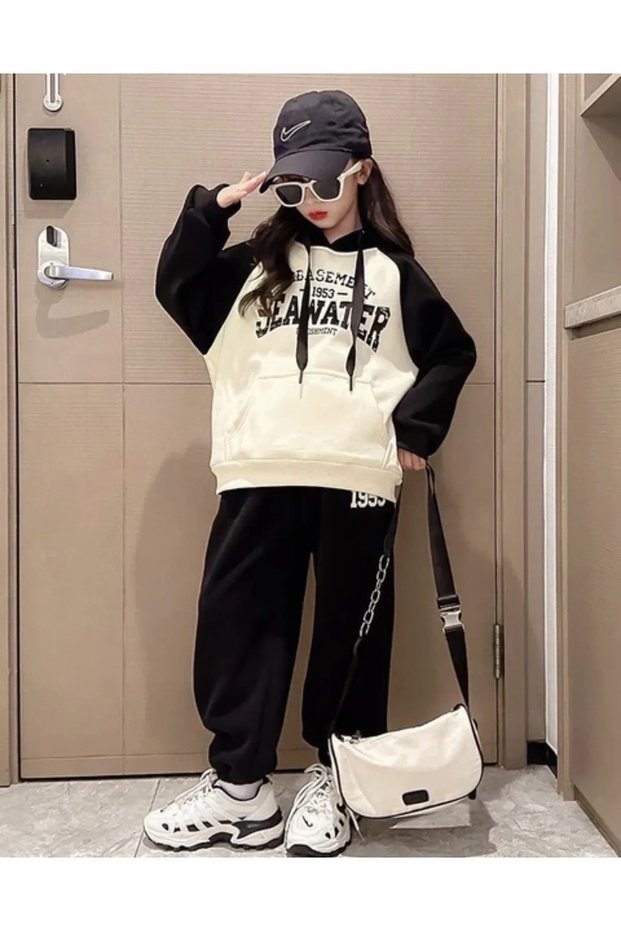 Children's Seawater Printed Two Colors Bottom-Top Set Cotton Sweatshirt Tracksuit Set