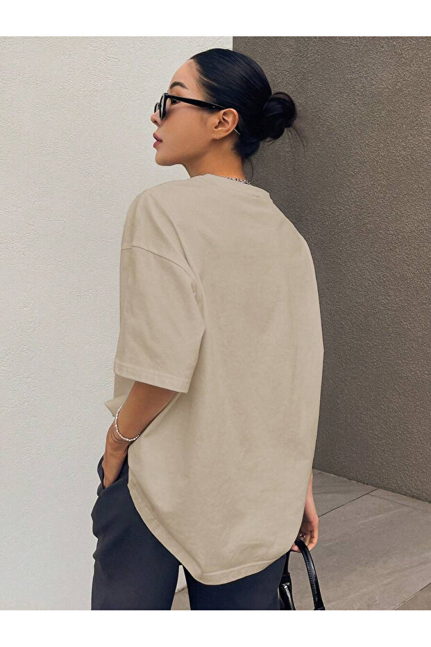 bej keep going baskılı unisex Oversize T-shirt - 3