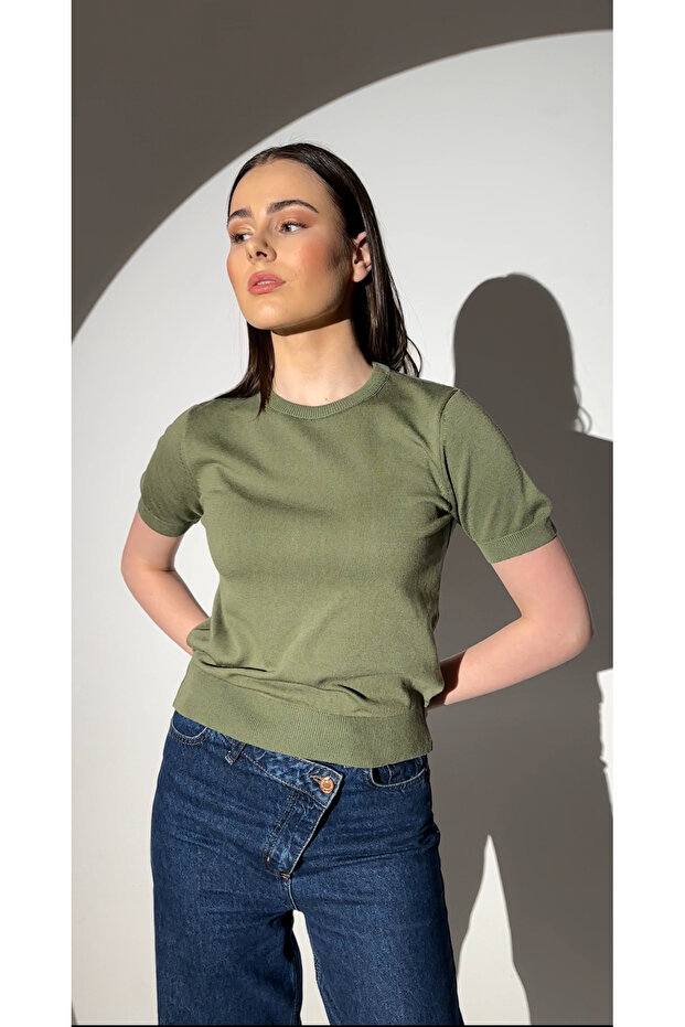 Basıc Kısa Kollu Triko Kazak-Haki - 3