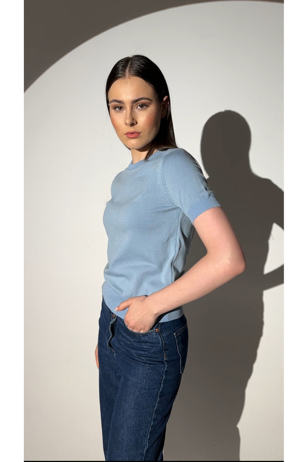 Basıc Kısa Kollu Triko Kazak-mavi - 3