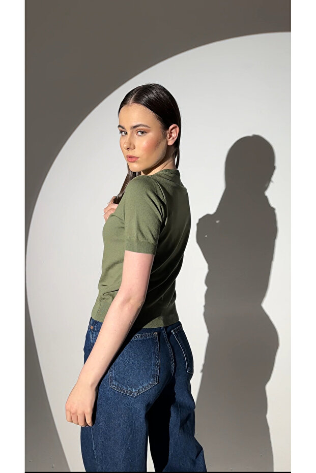 Basıc Kısa Kollu Triko Kazak-Haki - 2