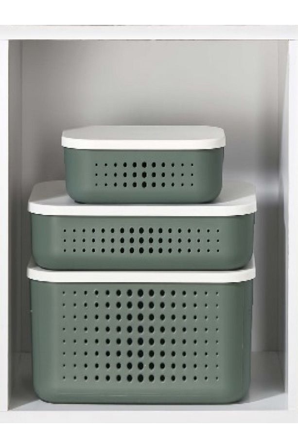 Bubble Yeşil 3 'lü Düzenleyici Set Dolap Içi Kapaklı Saklama Kutusu Storage 13 - 6,8 - 3,2 Lt - 1