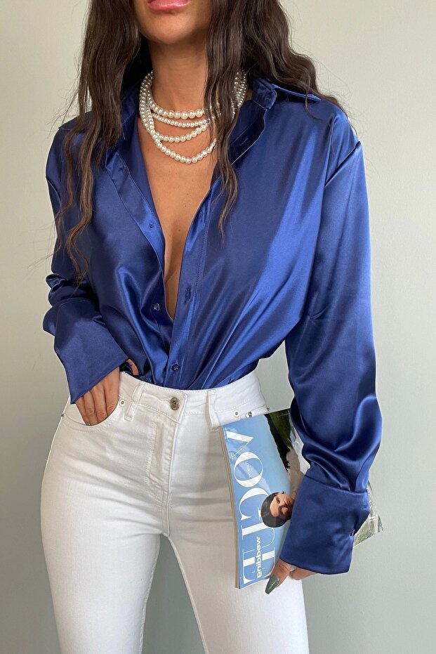 Women's Cobalt blue Oversize Satin Shirt 0999-0002