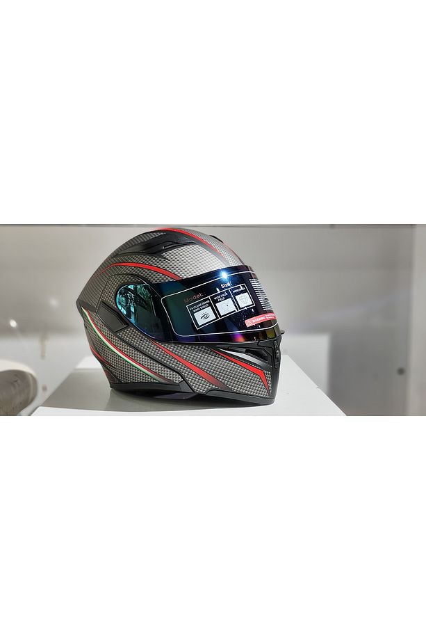 JK902 GÜNEŞ VİZÖRLÜ ÇENE PEDLİ ÇENE AÇILIR KARBON DESEN KASK(AYNALI CAMLI) - 2