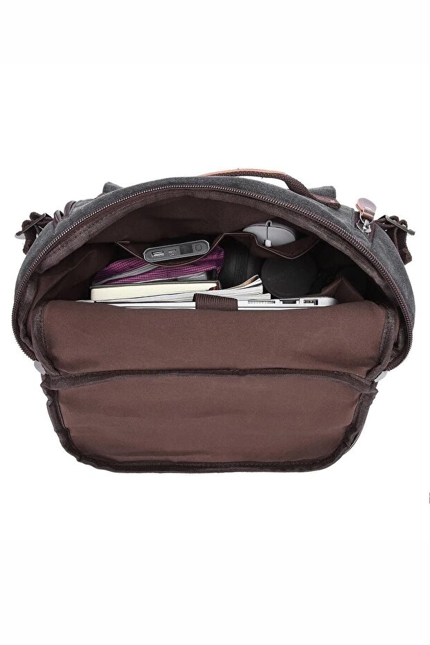 حقيبة ظهر قماشية سوداء للجنسين متعددة الأقسام - 6