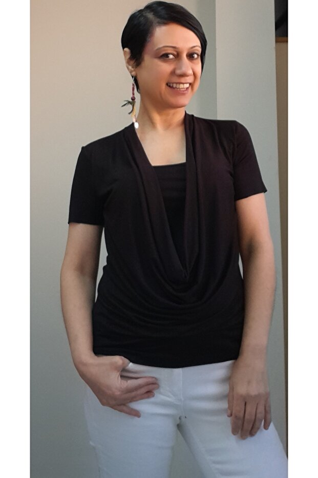 Black Degaje Collar Bustier Combed Cotton Viscose Short Sleeve T-Shirt