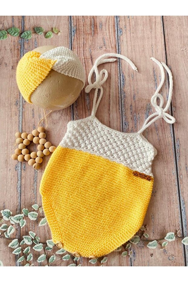 Hand Knitted Yellow Strap Baby Girl Salopet Set