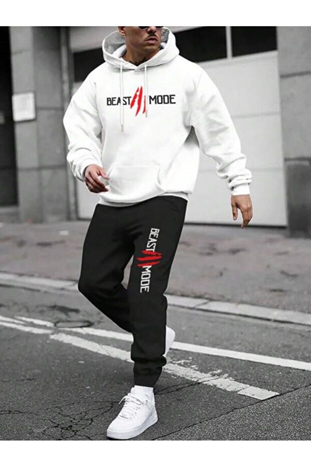 طقم ركض رجالي من White Beast Mode مطبوع عليه سويت شيرت كبير الحجم