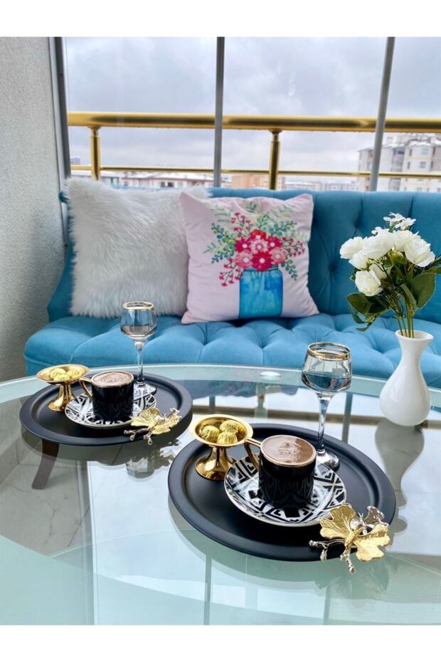 2-Piece Gold Butterfly Round Black Presentation Tray, Decorative Serving Tray, Tea, Cake, Coffee 24 Cm