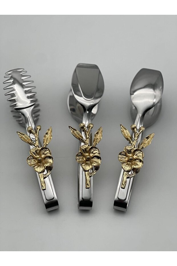 Japanese Rose Silver Elegant Serving Presentation Set 3-Piece Tongs Set Stainless Steel