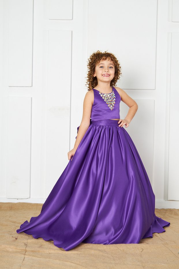 purple front crystal stone crop skirt girl's evening dress