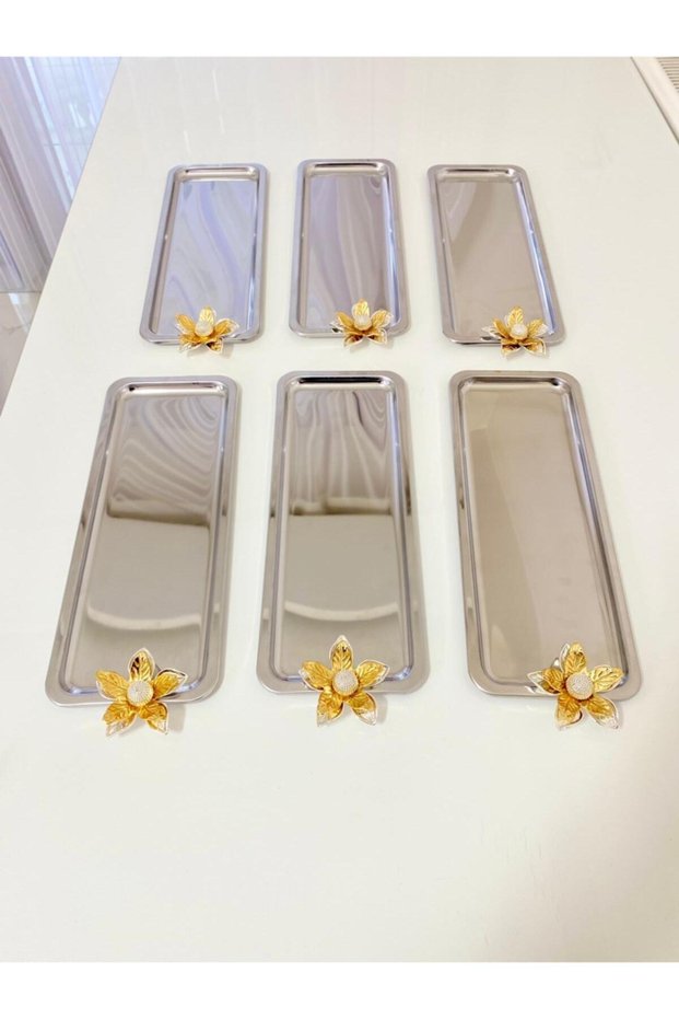 6-Piece Lily Flower Luxury Stainless Steel Silver Baton Service, Tea, Coffee, Treats and Presentation Tray
