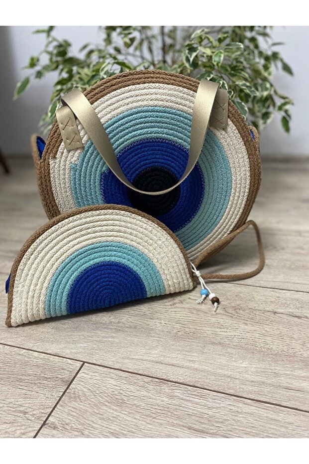 Hasır Çanta, El Işi Jüt Ip Pamuk Makrome Özel Dikiş 32 Cm Astarlı Deri Saplı Çanta Ve Cüzdan Seti - 1