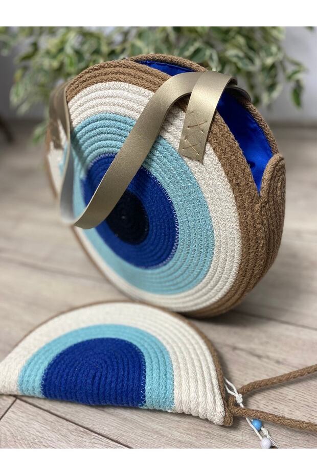 Hasır Çanta, El Işi Jüt Ip Pamuk Makrome Özel Dikiş 32 Cm Astarlı Deri Saplı Çanta Ve Cüzdan Seti - 2