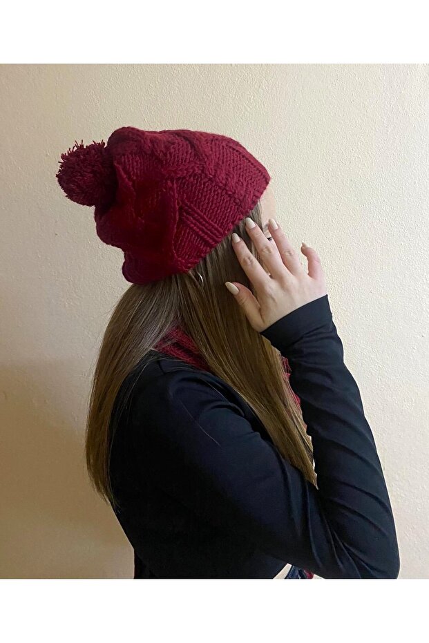 Women's Winter Burgundy Color Patterned Pompom Beret and Scarf Set 2 Pieces - Hat - Valentine's Day Gift