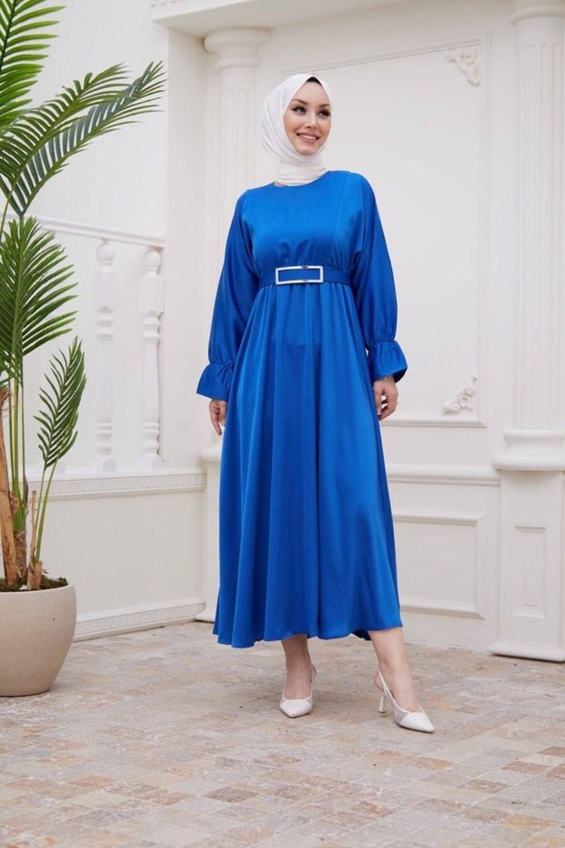 Satin Hijab Dress - Sax Blue