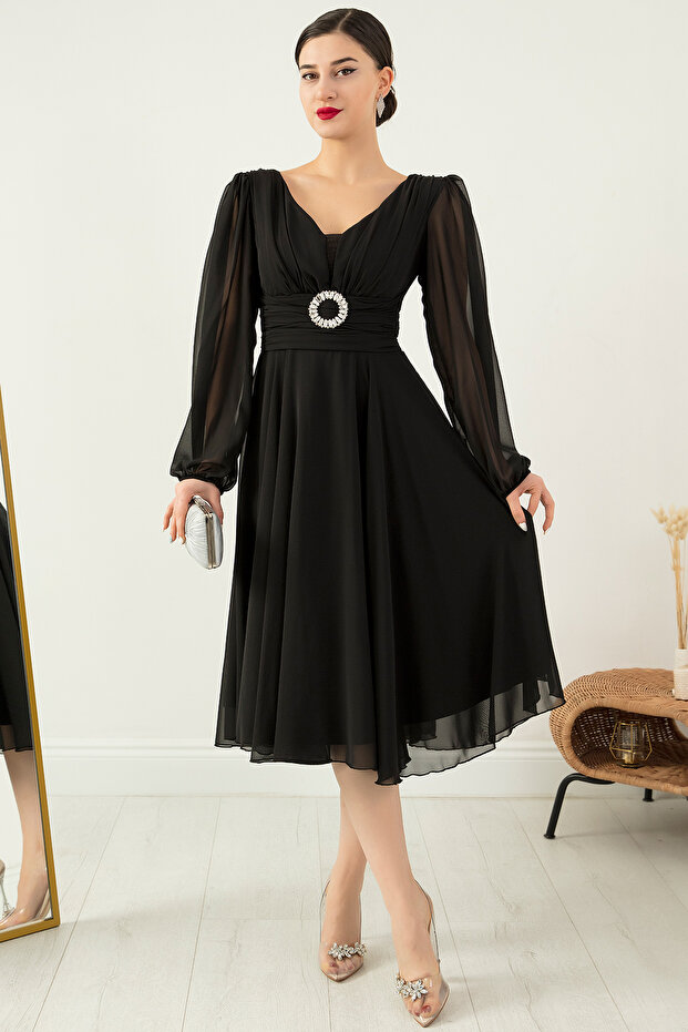 Tokalı Kemerli Şifon Elbise 1449 - 1