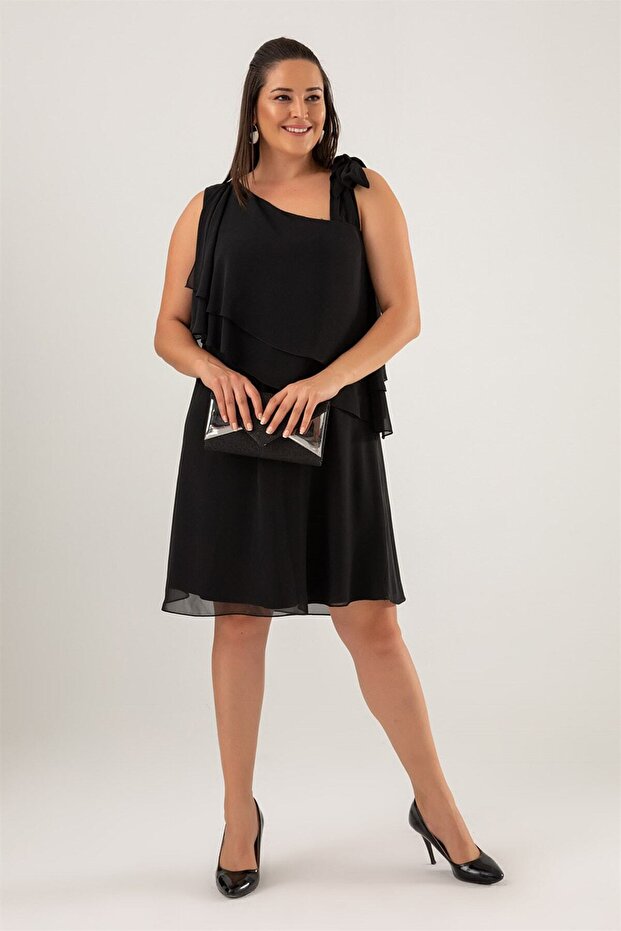 WOMEN'S BLACK ONE SHOULDER TIE CHIFFON PLUS SIZE DRESS