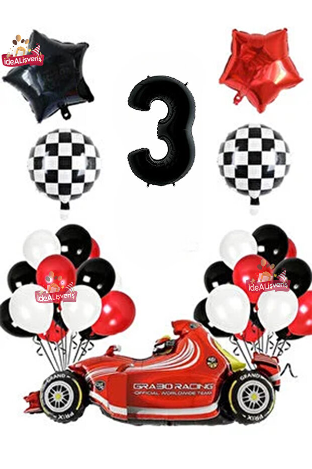 Formula Race Car Age 3 Black Red White Concept Birthday Party Set