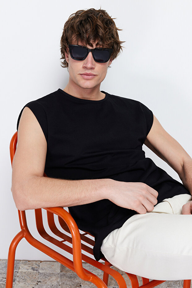 Siyah Basic Regular/Normal Kesim %100 Pamuk Kolsuz Atlet/T-Shirt TMNSS20AL0067 - 4