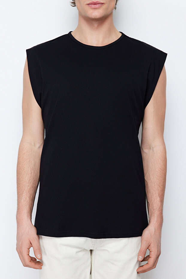 Siyah Basic Regular/Normal Kesim %100 Pamuk Kolsuz Atlet/T-Shirt TMNSS20AL0067 - 5