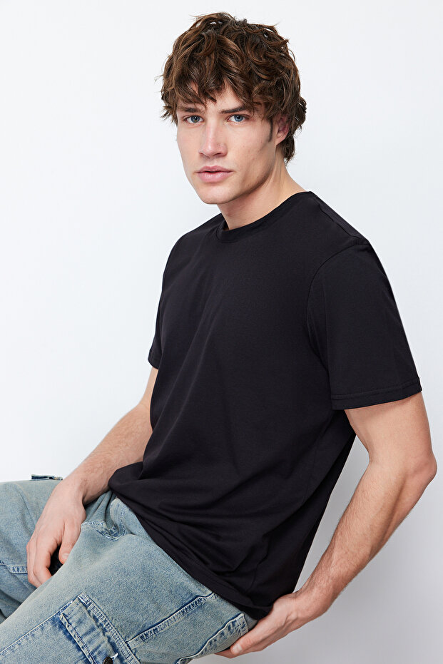 Siyah Basic %100 Pamuklu Regular/Normal Kesim Bisiklet Yaka T-Shirt TMNSS21TS0808 - 4
