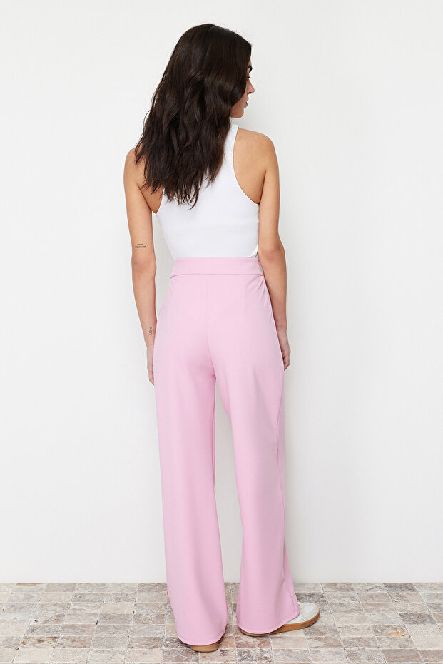 Pembe Cırt Cırt Kapamalı Yüksek Bel Pileli Wide Leg/Geniş Kesim Örme Pantolon TWOAW24PL00177 - 5