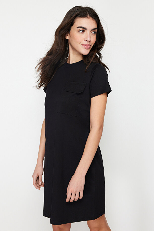 Siyah %100 Pamuk Cep Detaylı Bisiklet Yaka Kısa Kol Örme T-shirt Elbise TWOSS24EL00120 - 2