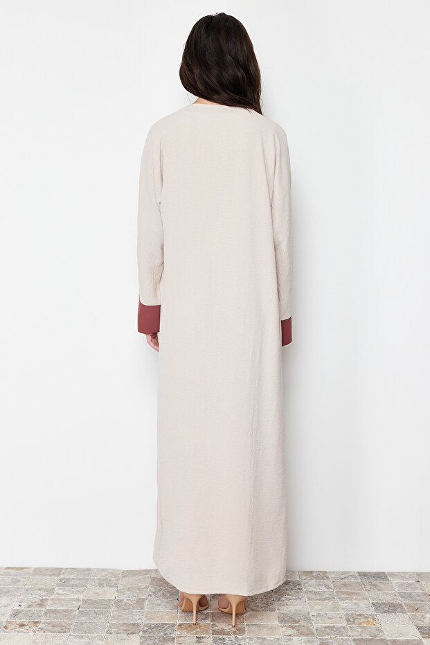 Taş Renk Bloklu Aerobin Ferace/Abaya & Elbise 2'li Dokuma Takım TCTSS24US00033 - 5
