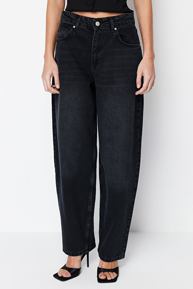 Siyah Düşük Bel Loose Baggy %100 Pamuk Non-Stretch Jeans TWOSS24JE00038 - 4