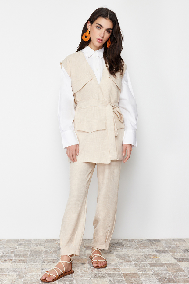 Stone Linen-Look Vest Pants Woven Top and Bottom Set TCTSS24US00023