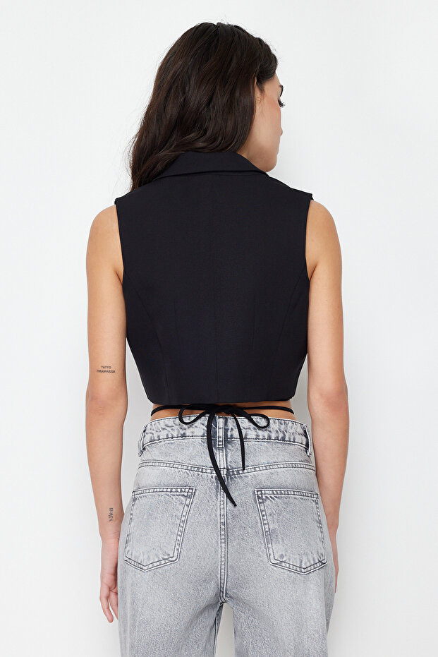 Siyah Fitted Dokuma Crop Yelek TWOSS24YE00032 - 6