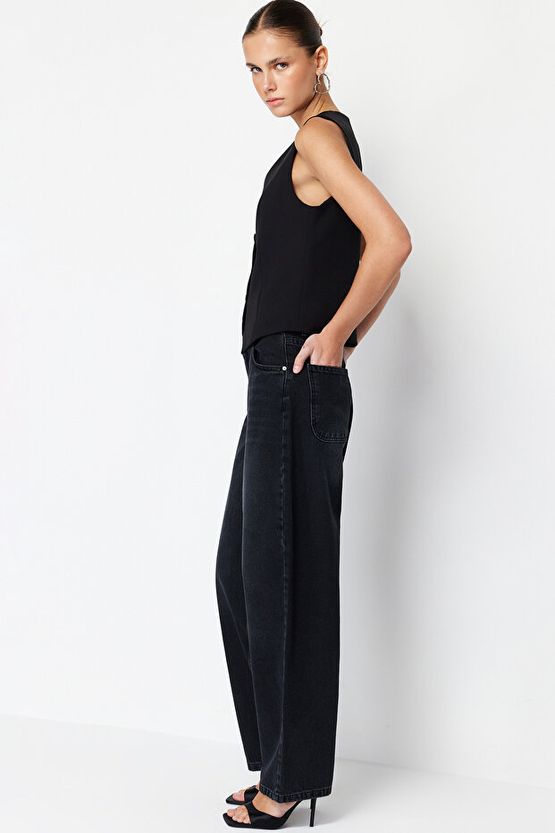 Siyah Düşük Bel Loose Baggy %100 Pamuk Non-Stretch Jeans TWOSS24JE00038 - 3