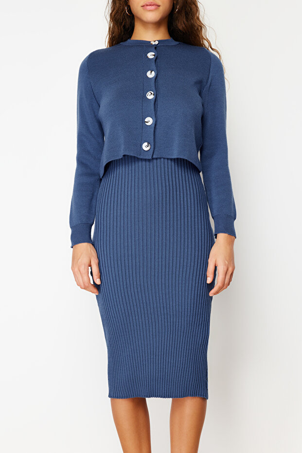 Indigo Düz Midi Triko Elbise TWOSS23EL00738 - 6