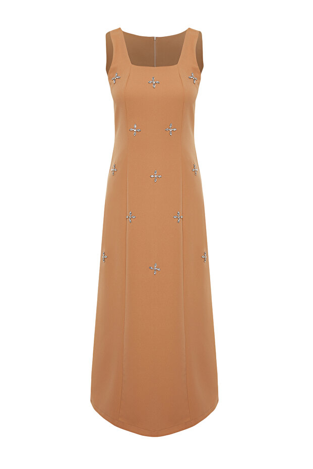 Camel Taş İşleme Detaylı Kare Yaka Dokuma Jile Elbise TCTSS23EB00157 - 8