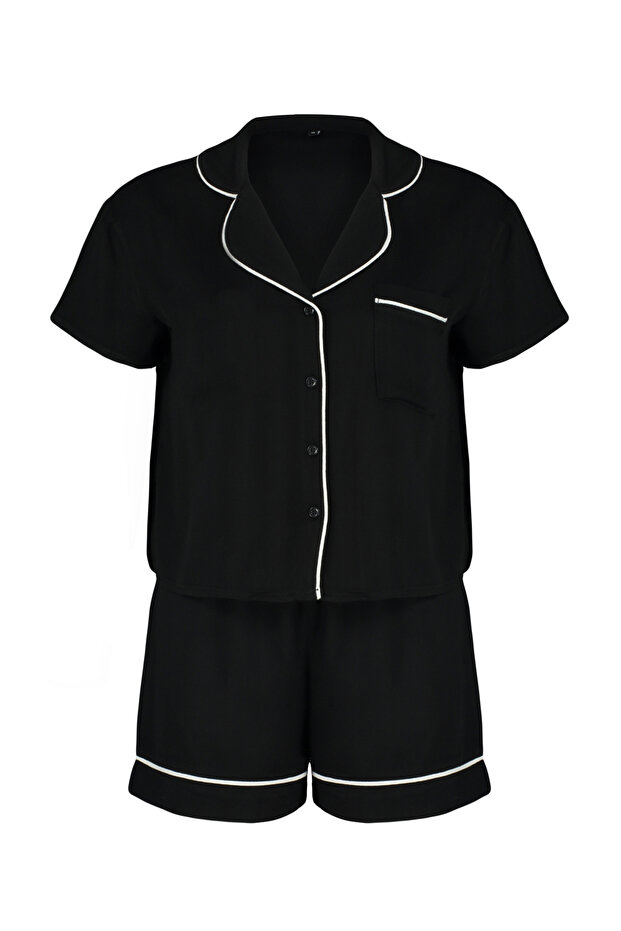Siyah Biye Detaylı Viskon Şortlu Dokuma Pijama Takımı THMSS24PT00051 - 8
