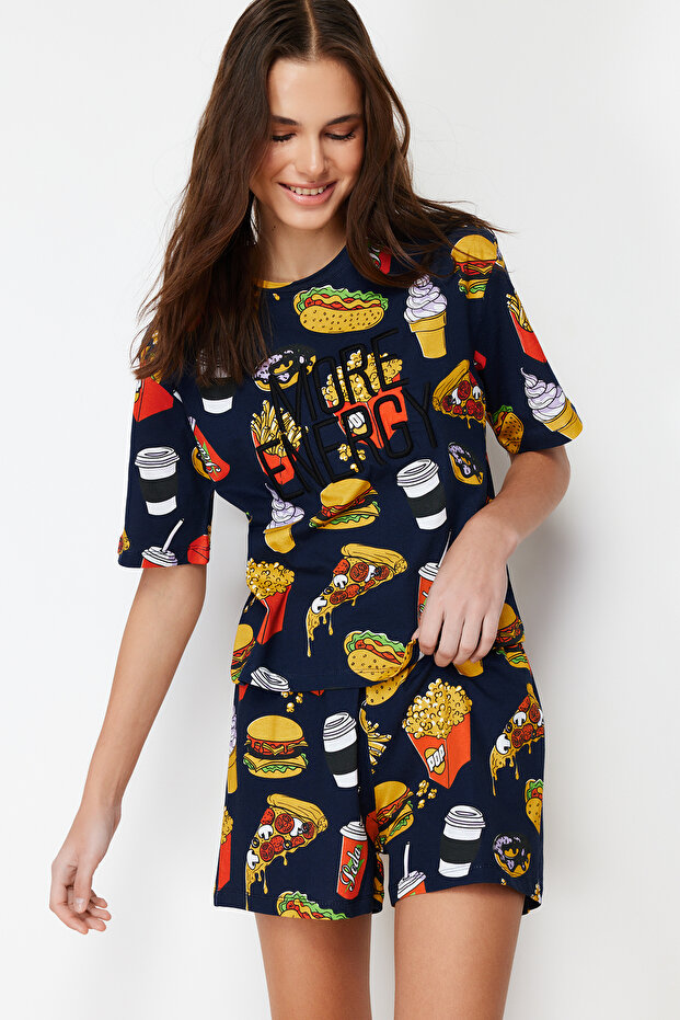 Lacivert-Çok Renkli %100 Pamuklu Slogan Nakışlı Şortlu Örme Pijama Takımı THMSS24PT00104 - 2