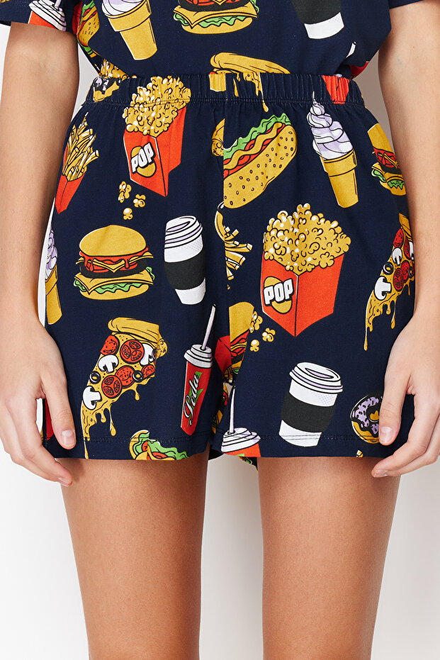 Lacivert-Çok Renkli %100 Pamuklu Slogan Nakışlı Şortlu Örme Pijama Takımı THMSS24PT00104 - 5