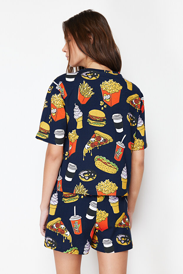 Lacivert-Çok Renkli %100 Pamuklu Slogan Nakışlı Şortlu Örme Pijama Takımı THMSS24PT00104 - 6