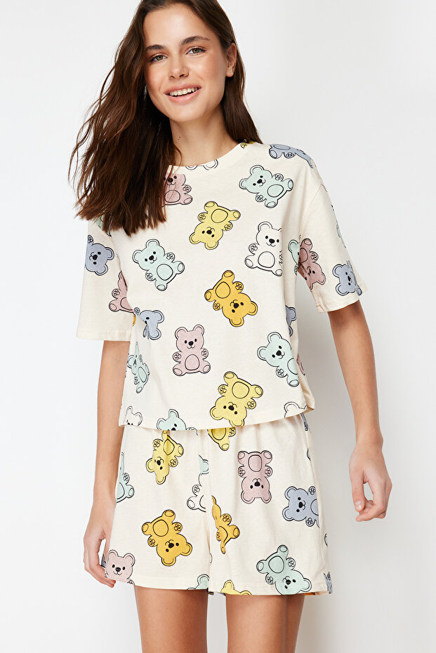 Ekru %100 Pamuklu Ayıcıklı Şortlu Örme Pijama Takımı THMSS24PT00072 - 2