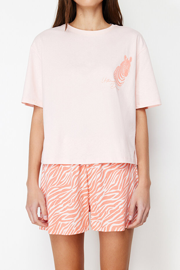 Pembe %100 Pamuklu Zebra Baskılı Şortlu Örme Pijama Takımı THMSS24PT00042 - 4