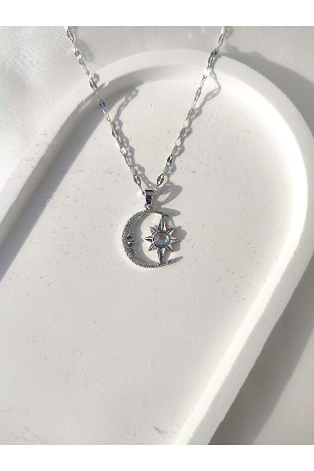 Women's Stainless Steel Opal Stone Crescent Star Necklace