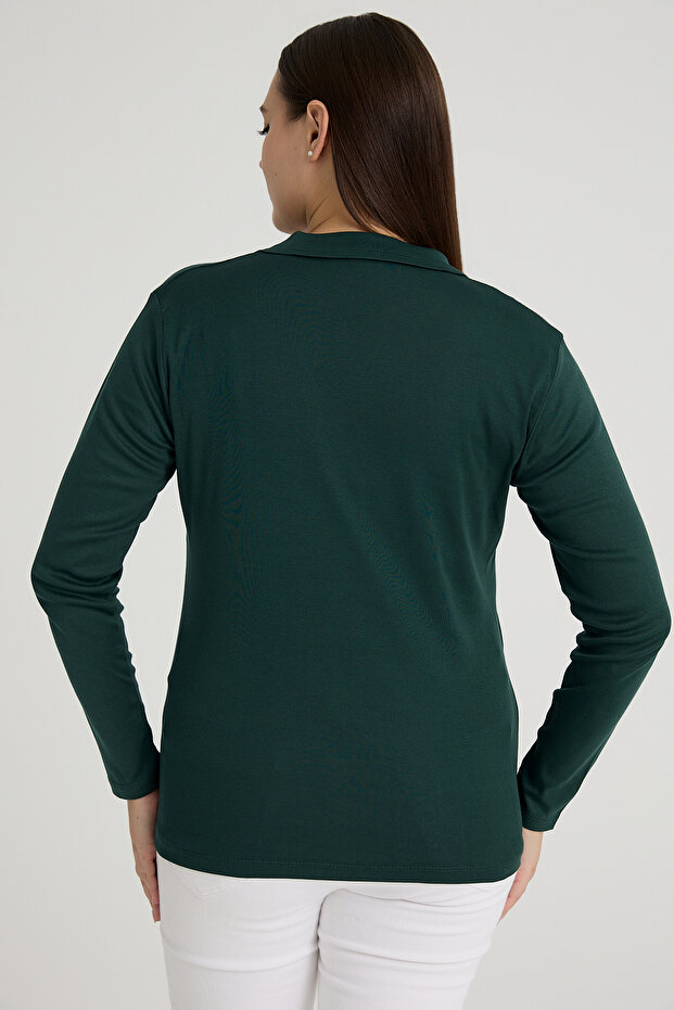 Curve Plus Size Βαμβακερή Lycra V-λαιμόκοψη Basic Απλό Πράσινη Μπλούζα - 3