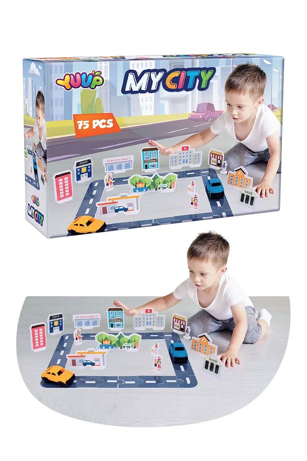 Eğitici Otoyol ve Şehir Binaları Eva Puzzle Oyun Seti 71 Parça 2 Araç Dahil - 6