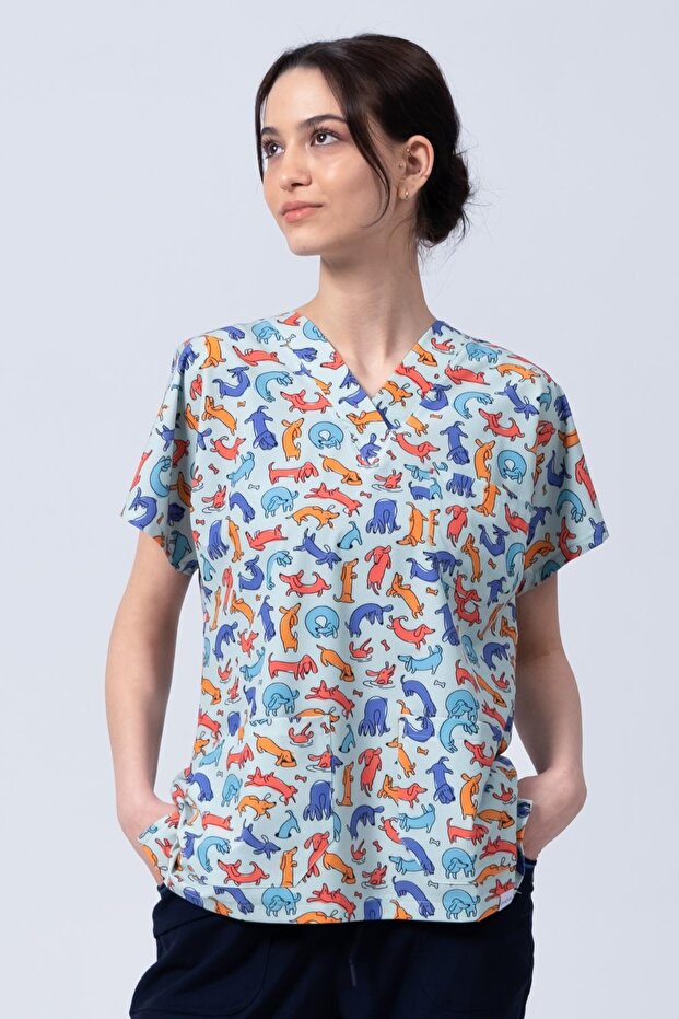 Pios Women's Colorful Dog Pattern Lycra Uniform-Scrubs-Single Top