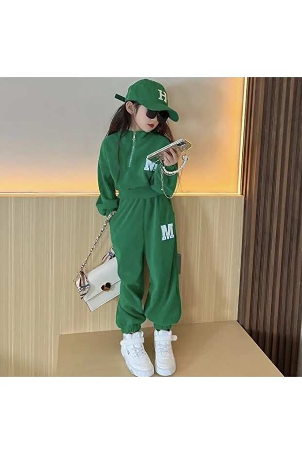 CUSTOM DESIGN STAND COLLAR HALF ZIPPERED M PRINTED FULL WINTER GIRL'S LUXURY TRACKSUIT SET