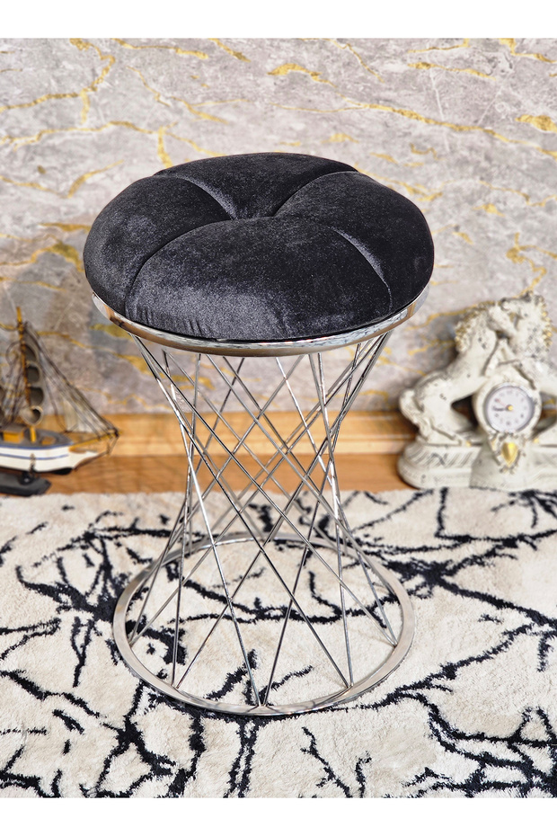 Yuvarlak Krom Kaplama Füme Krem Puf Oturak - Bench - Ayak Ucu Oturak - Tabure - Makyaj Oturak - 1