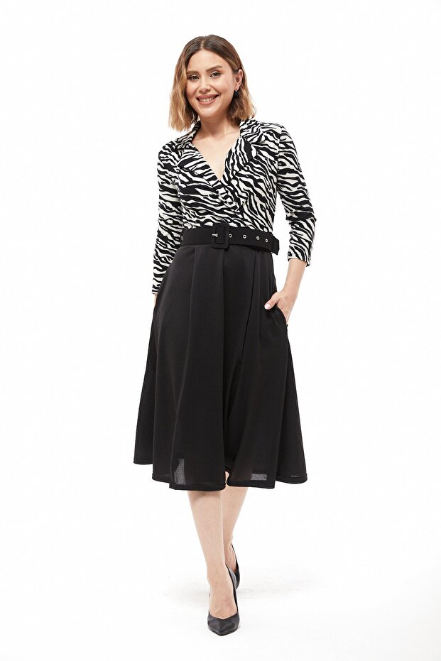 فستان بياقة سترة منقوشة - 1