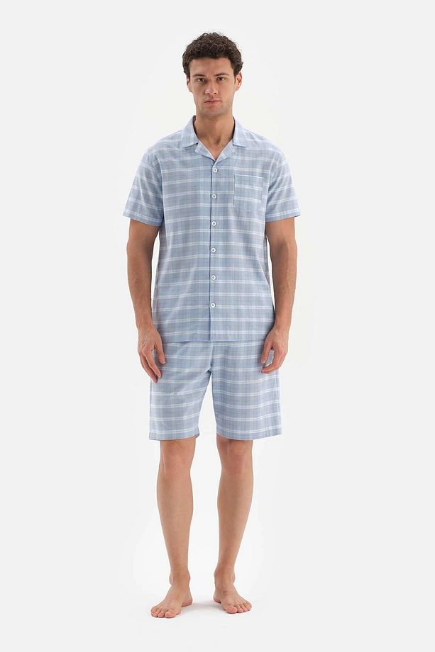 Açıkmavi Gömlek Yaka Ekose Dokuma Şortlu Pijama Takımı - 6