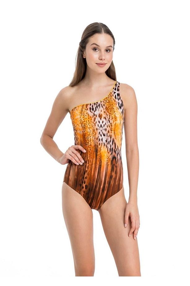 Sarı Leopar Desenli Tek Omuz Mayo - 1